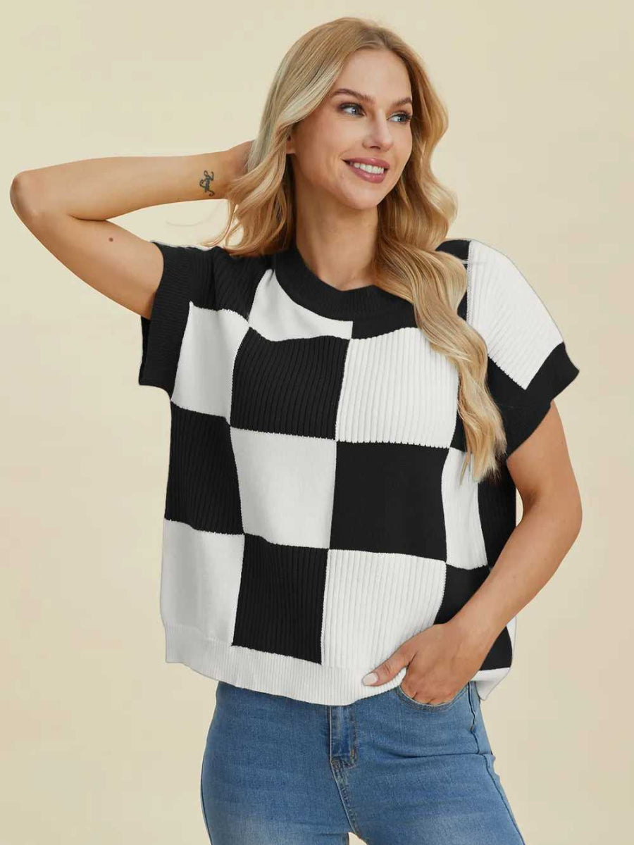 Double Take Full Size Checkered Round Neck Short Sleeve Sweater - Hopeford Streams