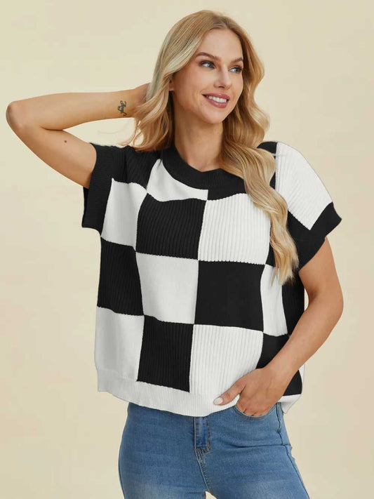 Double Take Full Size Checkered Round Neck Short Sleeve Sweater - Hopeford Streams