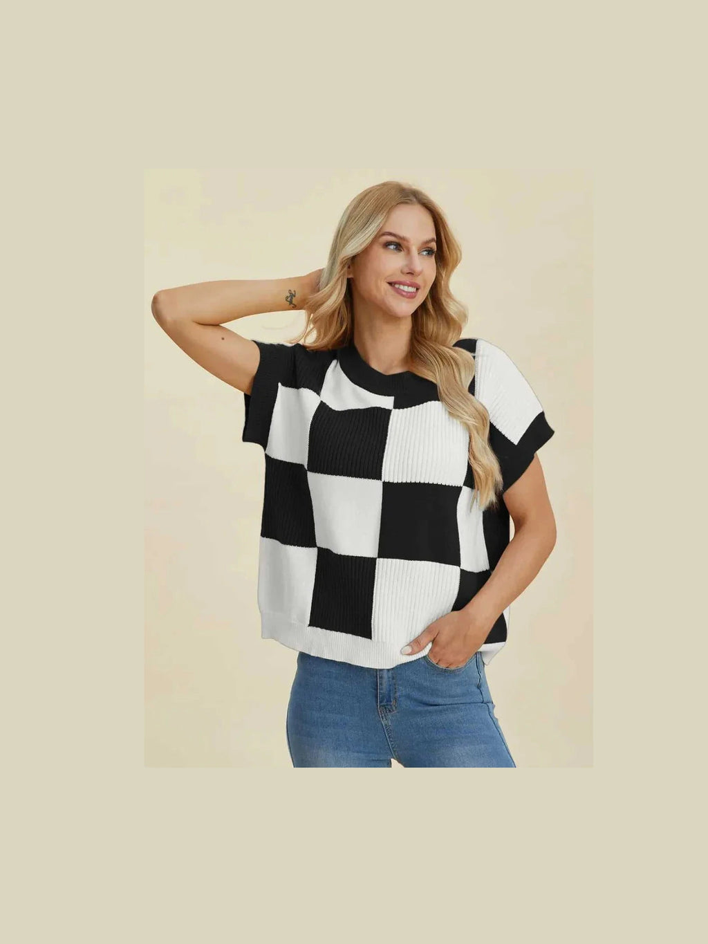 Double Take Full Size Checkered Round Neck Short Sleeve Sweater -- 