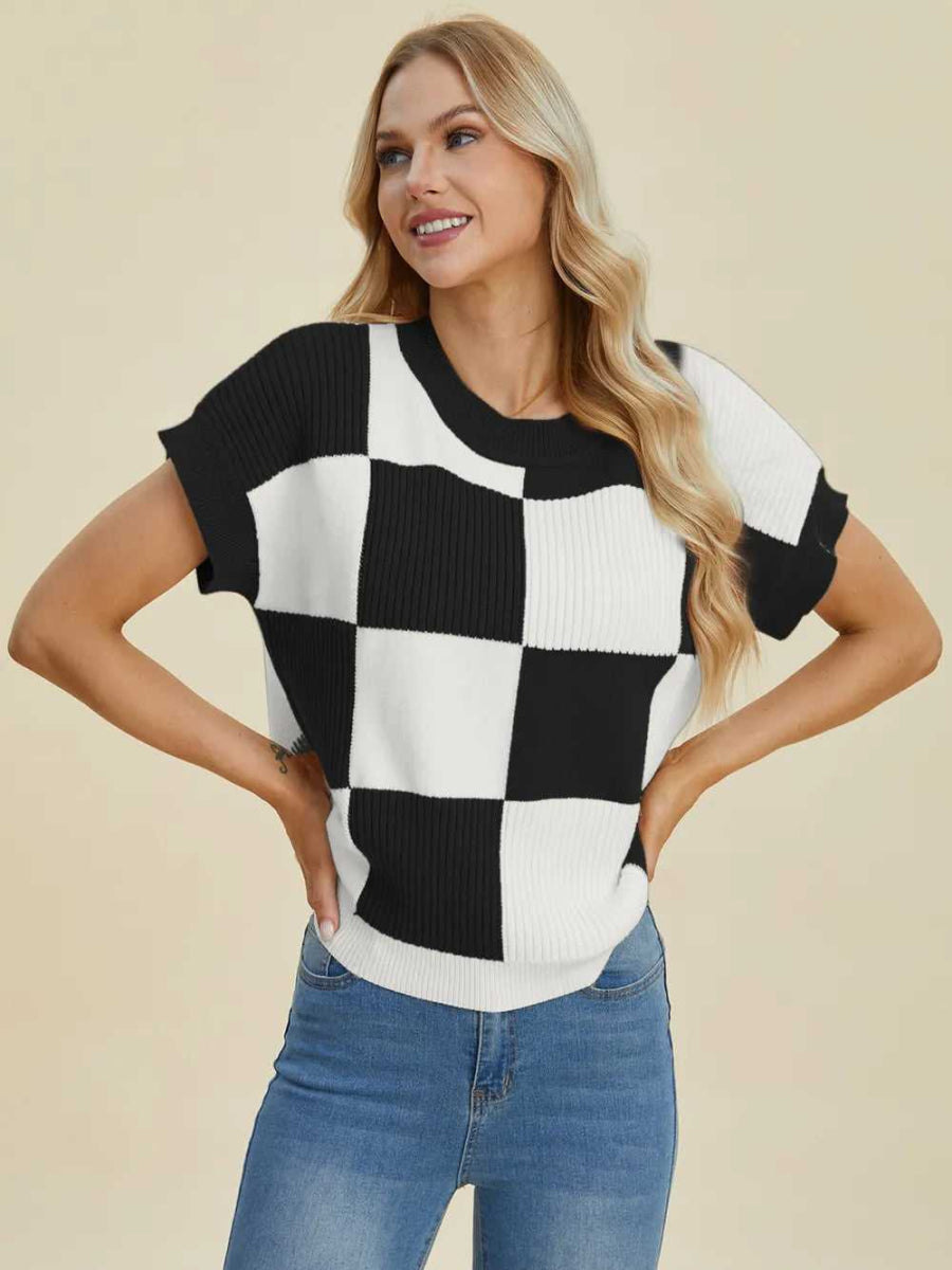 Double Take Full Size Checkered Round Neck Short Sleeve Sweater - Hopeford Streams