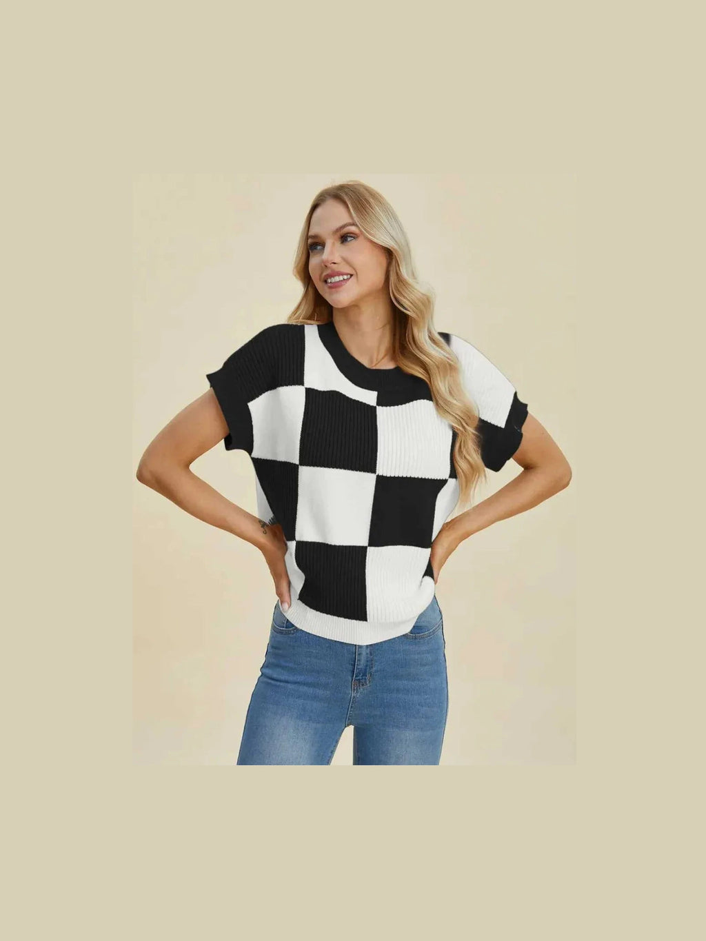 Double Take Full Size Checkered Round Neck Short Sleeve Sweater -- 