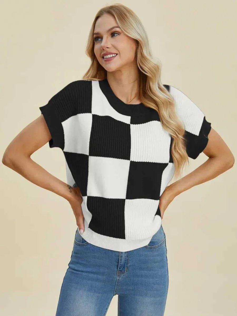 Double Take Full Size Checkered Round Neck Short Sleeve Sweater -- 