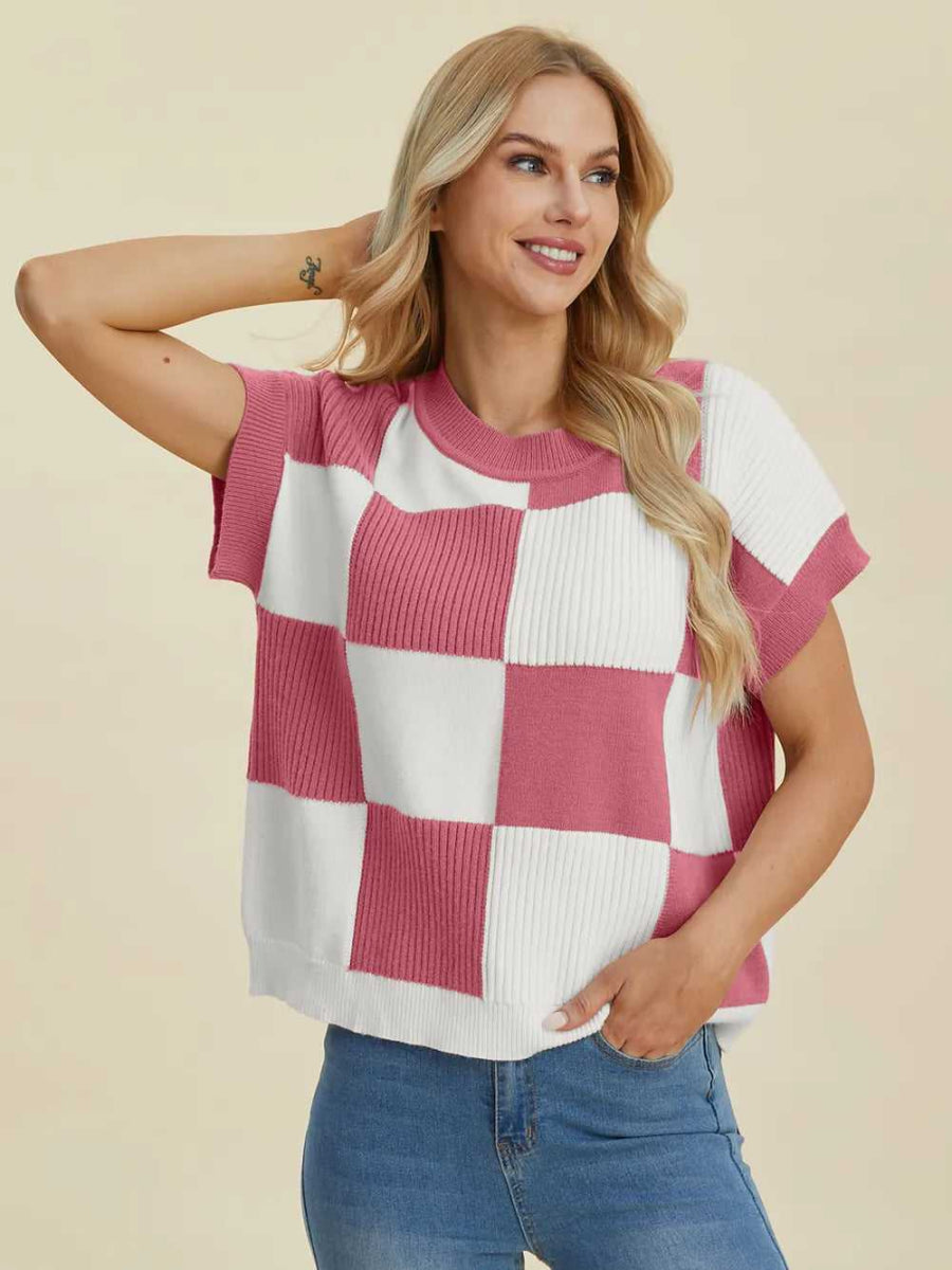 Double Take Full Size Checkered Round Neck Short Sleeve Sweater - Hopeford Streams