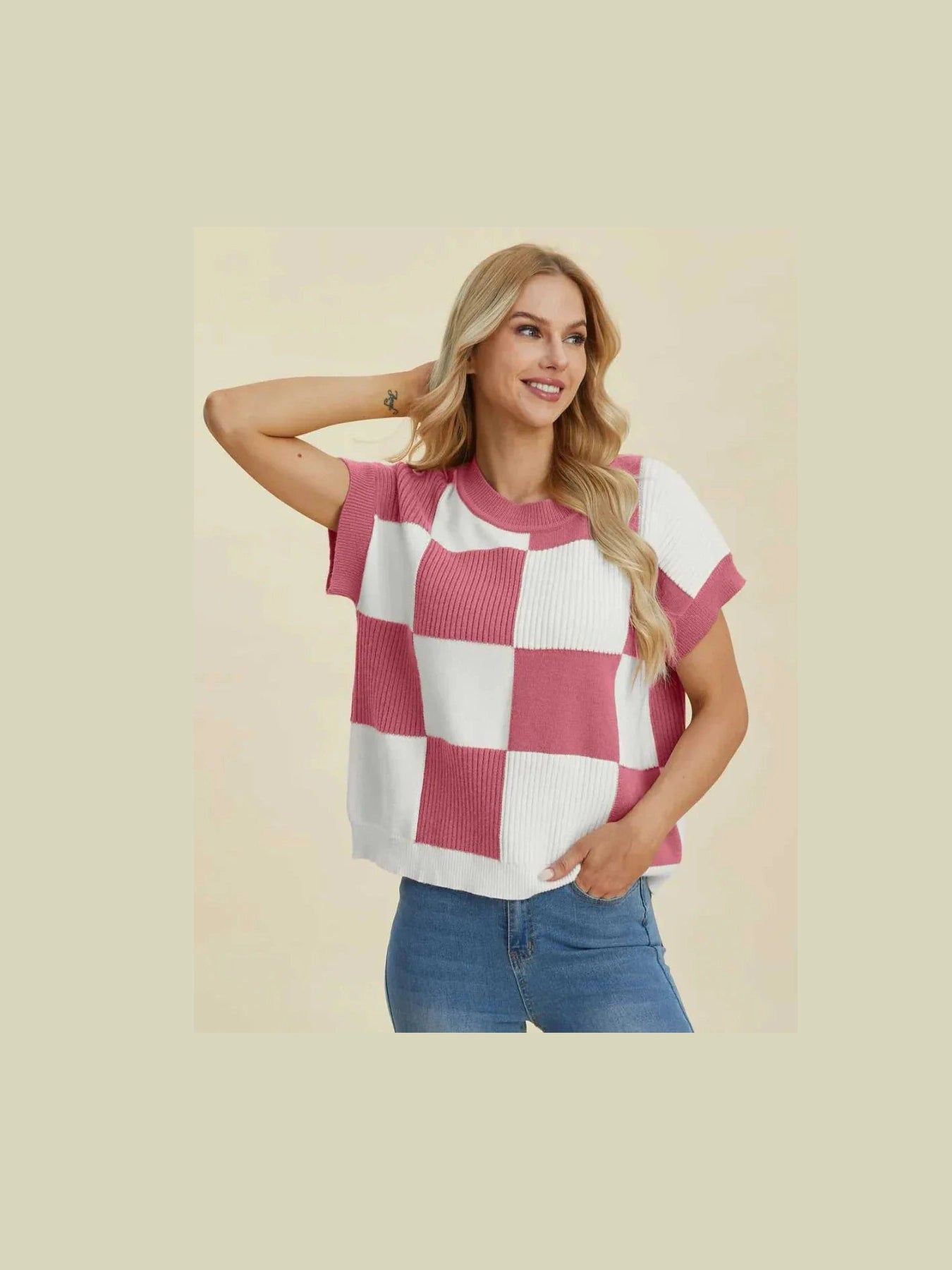 Double Take Full Size Checkered Round Neck Short Sleeve Sweater -- 