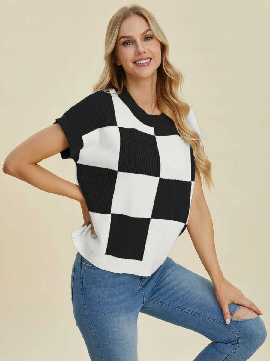 Double Take Full Size Checkered Round Neck Short Sleeve Sweater - Hopeford Streams