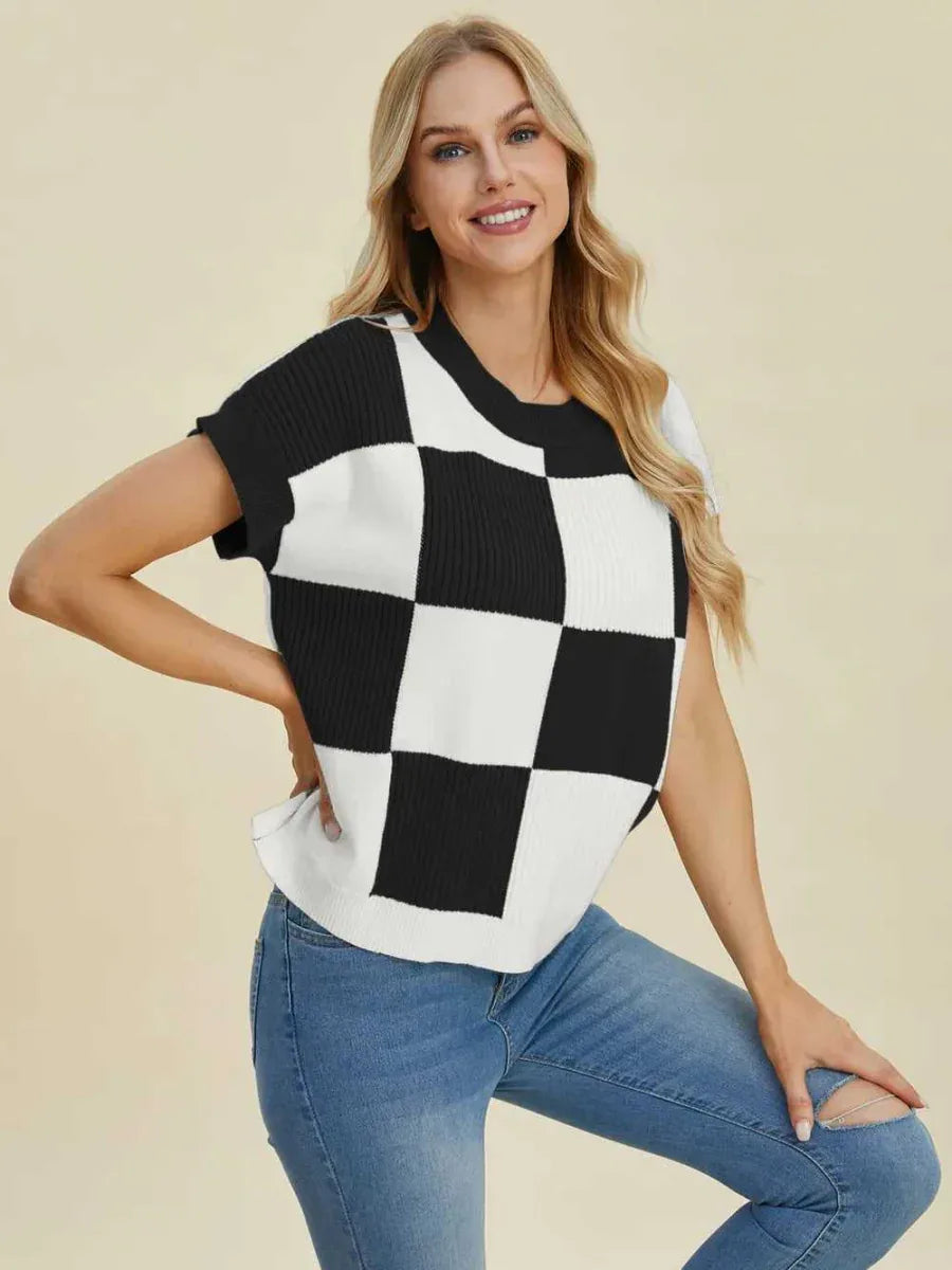 Double Take Full Size Checkered Round Neck Short Sleeve Sweater -- 