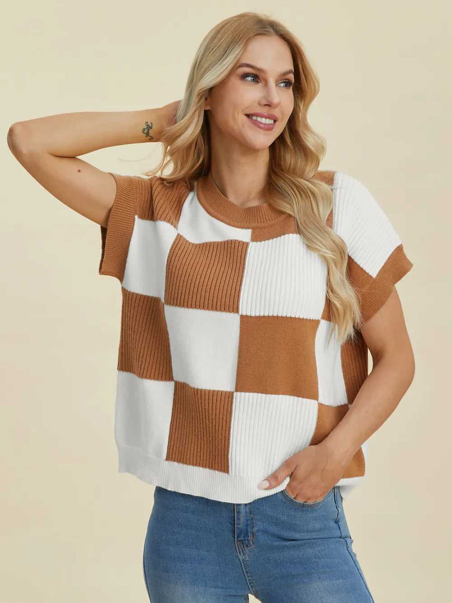 Double Take Full Size Checkered Round Neck Short Sleeve Sweater - Hopeford Streams