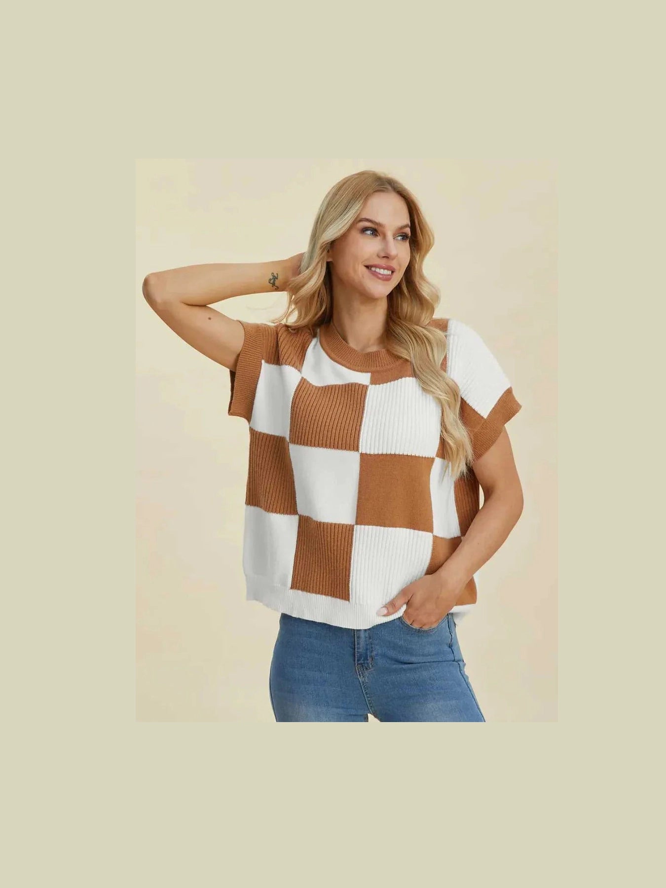 Double Take Full Size Checkered Round Neck Short Sleeve Sweater -- 