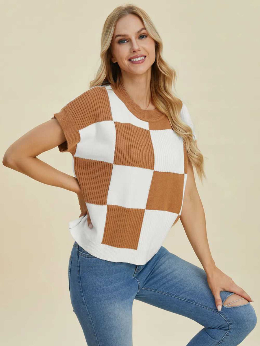 Double Take Full Size Checkered Round Neck Short Sleeve Sweater - Hopeford Streams