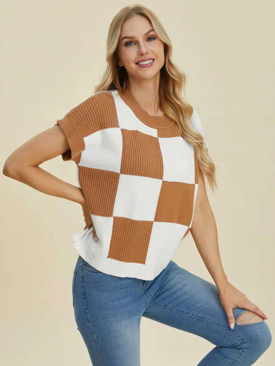 Double Take Full Size Checkered Round Neck Short Sleeve Sweater -- 