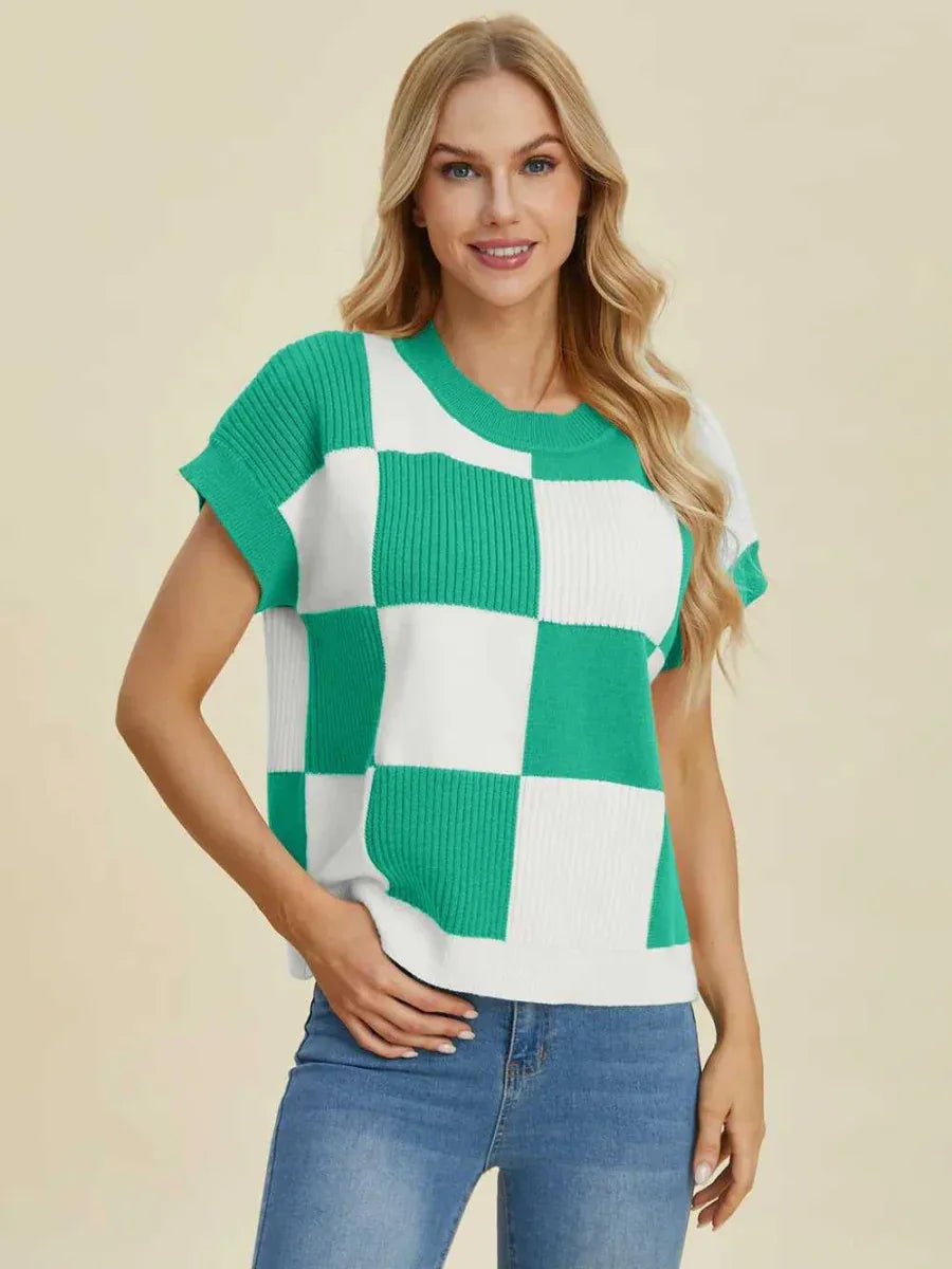 Double Take Full Size Checkered Round Neck Short Sleeve Sweater -- 