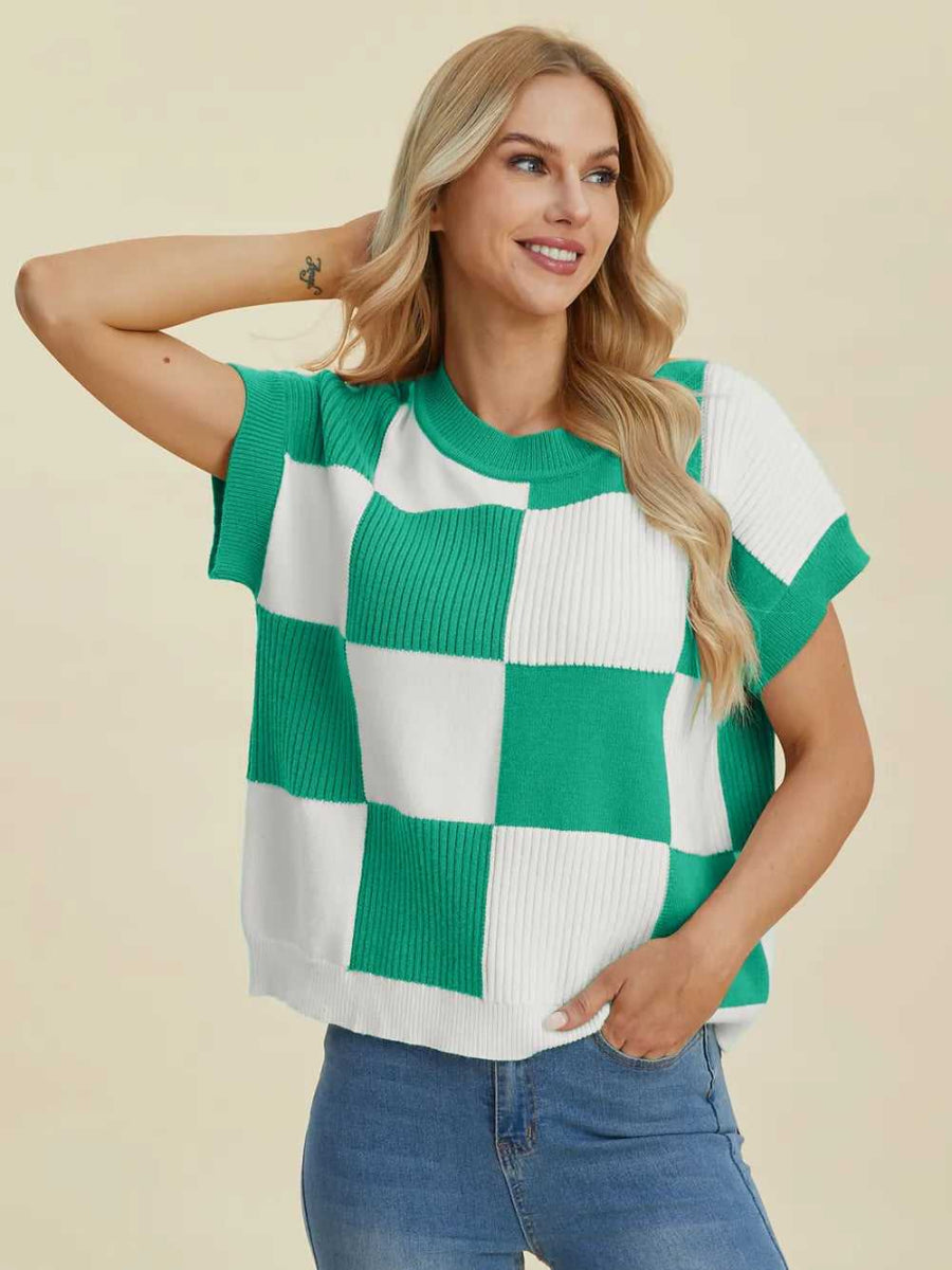 Double Take Full Size Checkered Round Neck Short Sleeve Sweater - Hopeford Streams