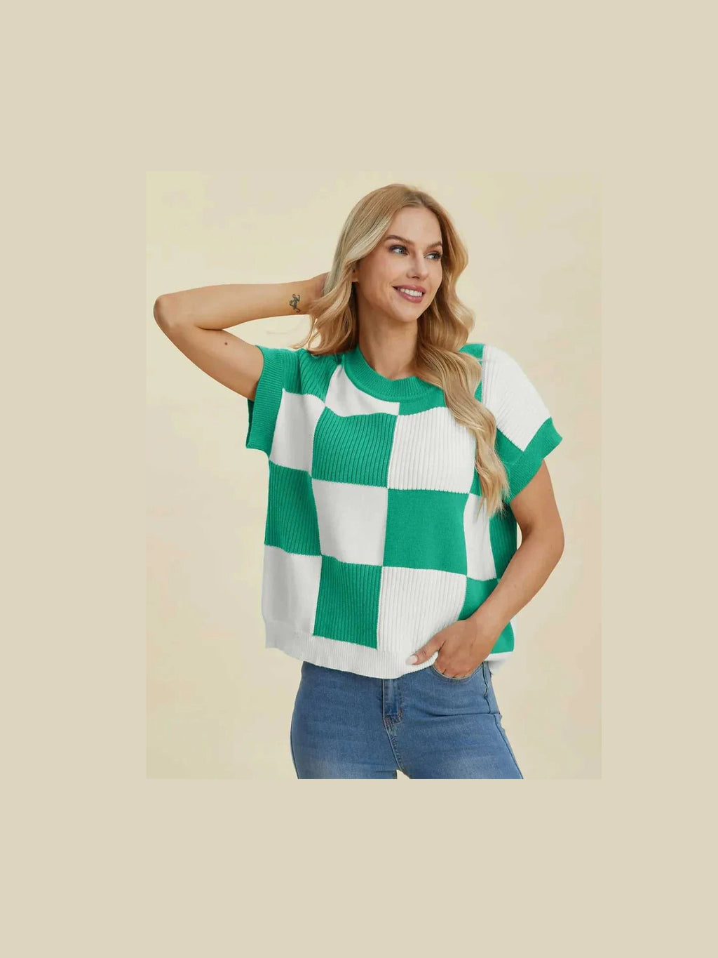 Double Take Full Size Checkered Round Neck Short Sleeve Sweater -- 