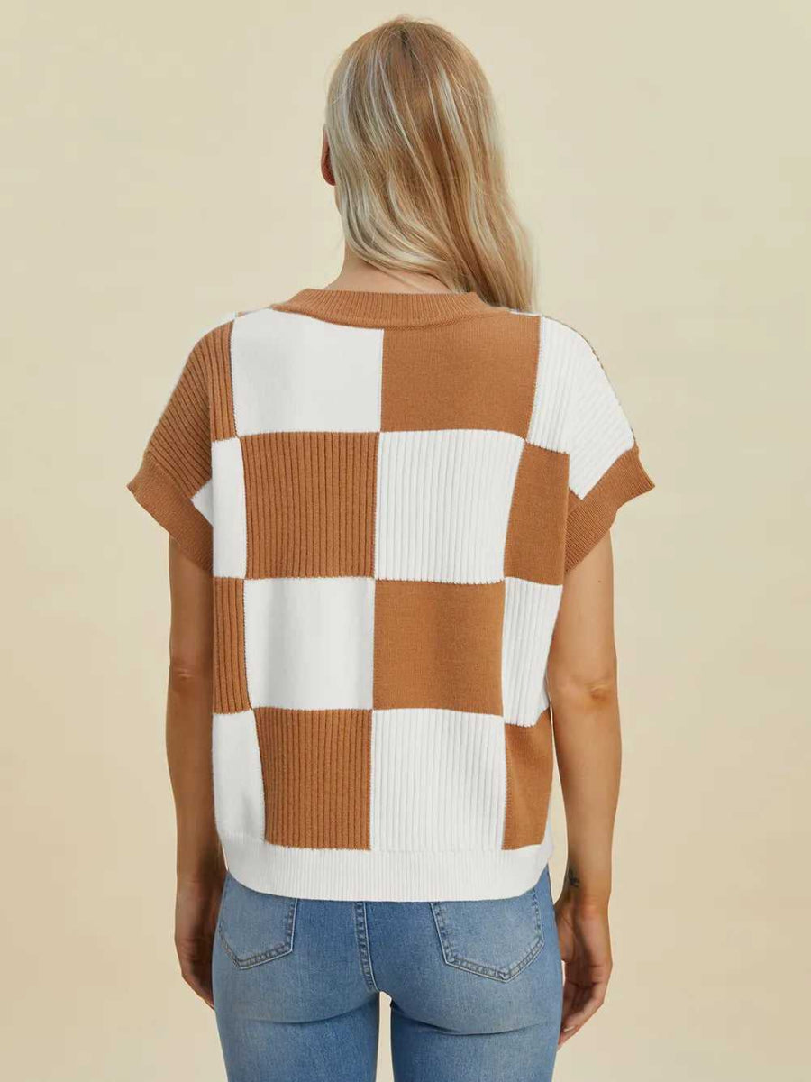 Double Take Full Size Checkered Round Neck Short Sleeve Sweater - Hopeford Streams