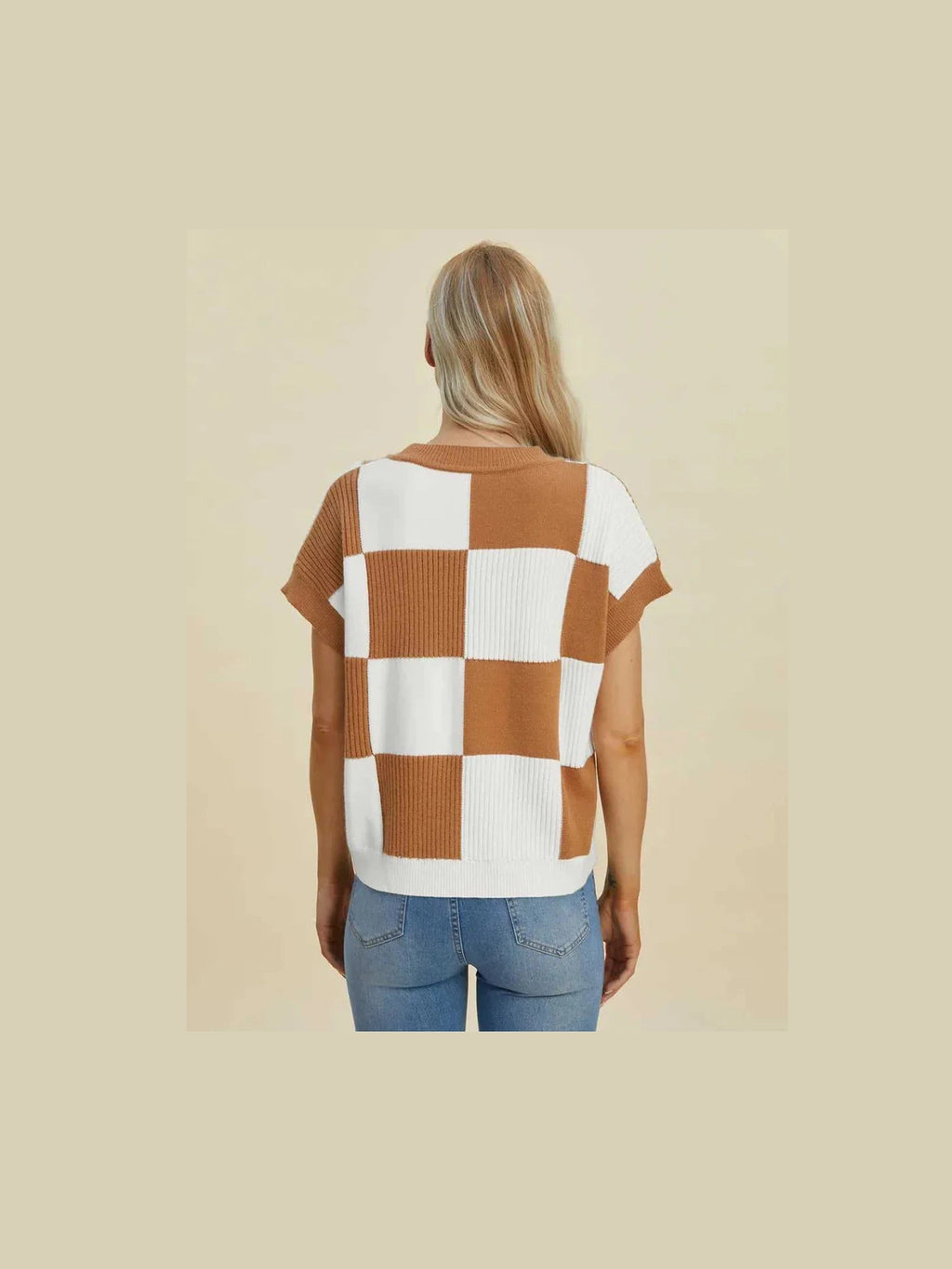 Double Take Full Size Checkered Round Neck Short Sleeve Sweater -- 