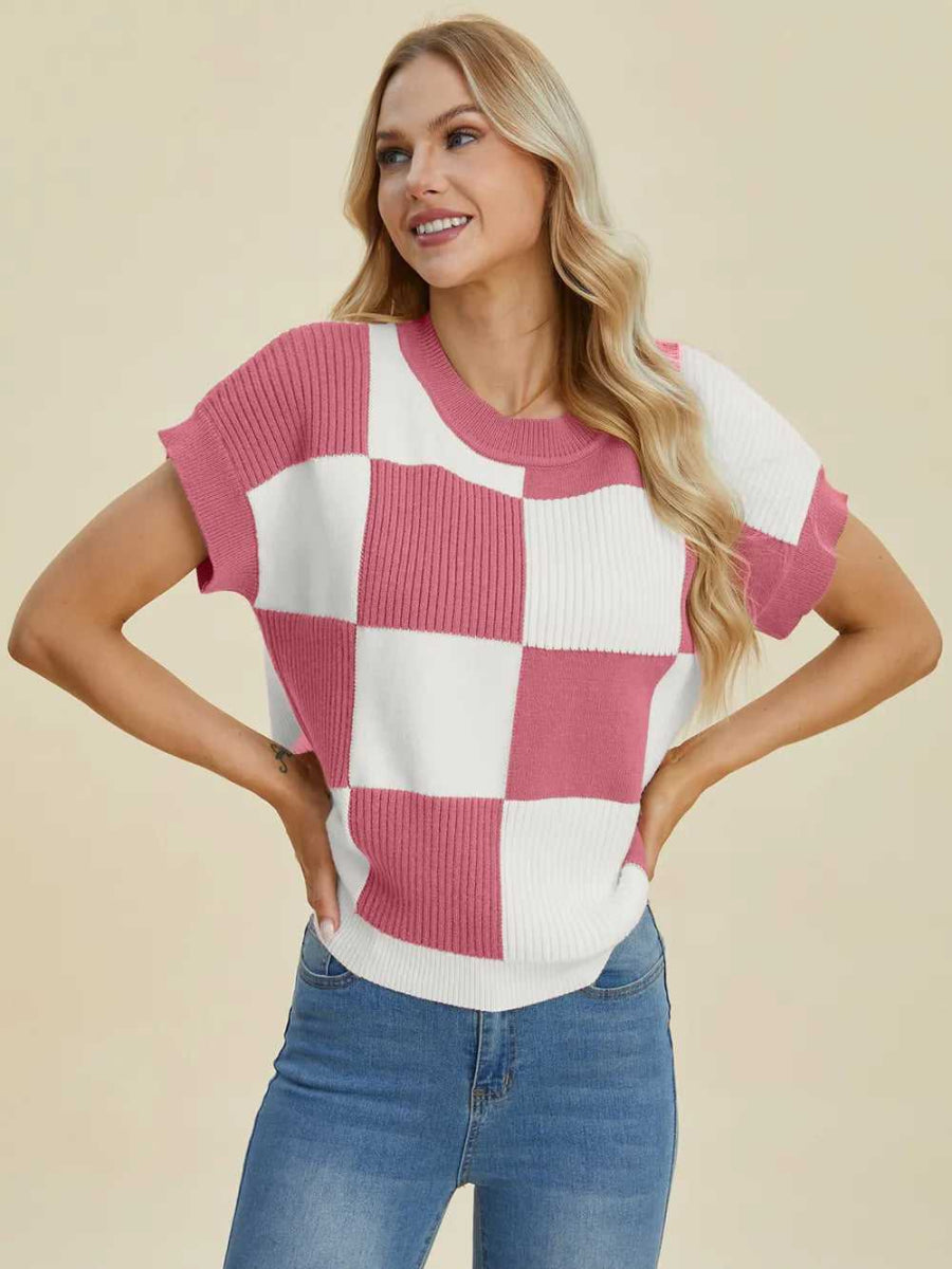 Double Take Full Size Checkered Round Neck Short Sleeve Sweater - Hopeford Streams
