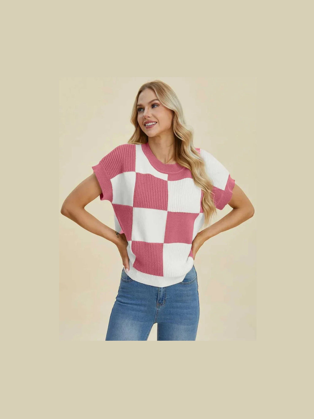 Double Take Full Size Checkered Round Neck Short Sleeve Sweater -- 