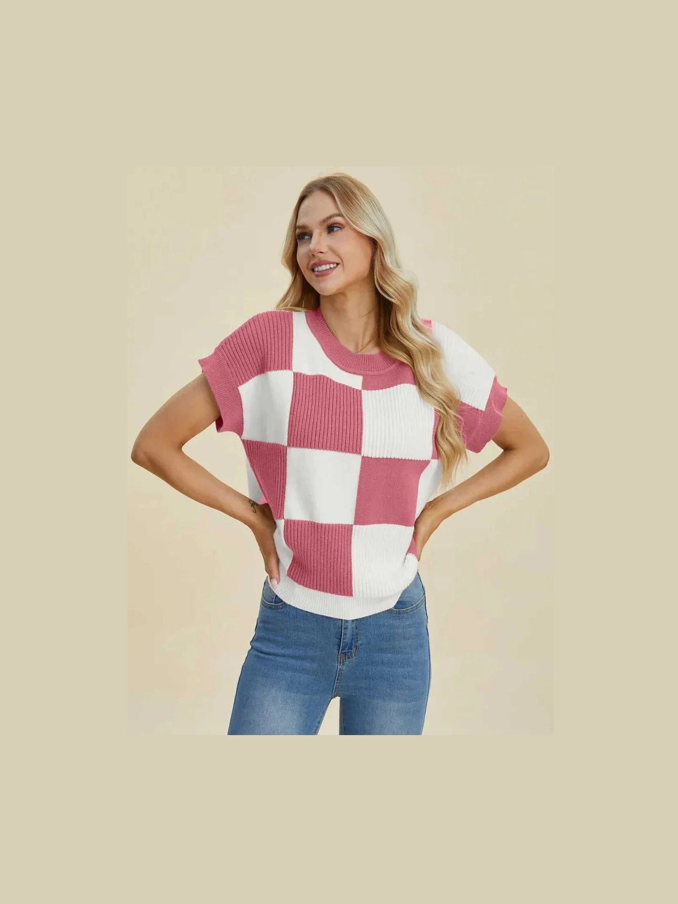 Double Take Full Size Checkered Round Neck Short Sleeve Sweater -- 