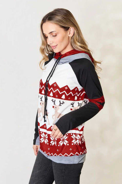 Double Take Full Size Christmas Drawstring Long Sleeve Hoodie - Hopeford Streams