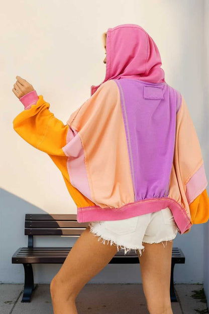 Double Take Full Size Color Block Zip Up Hoodie - Hopeford Streams