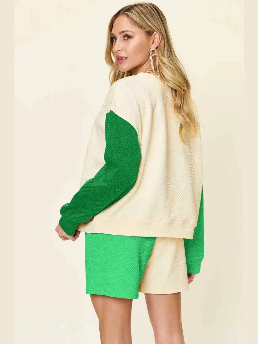 Double Take Full Size Contrast Drop Shoulder Top and Shorts Set -- 