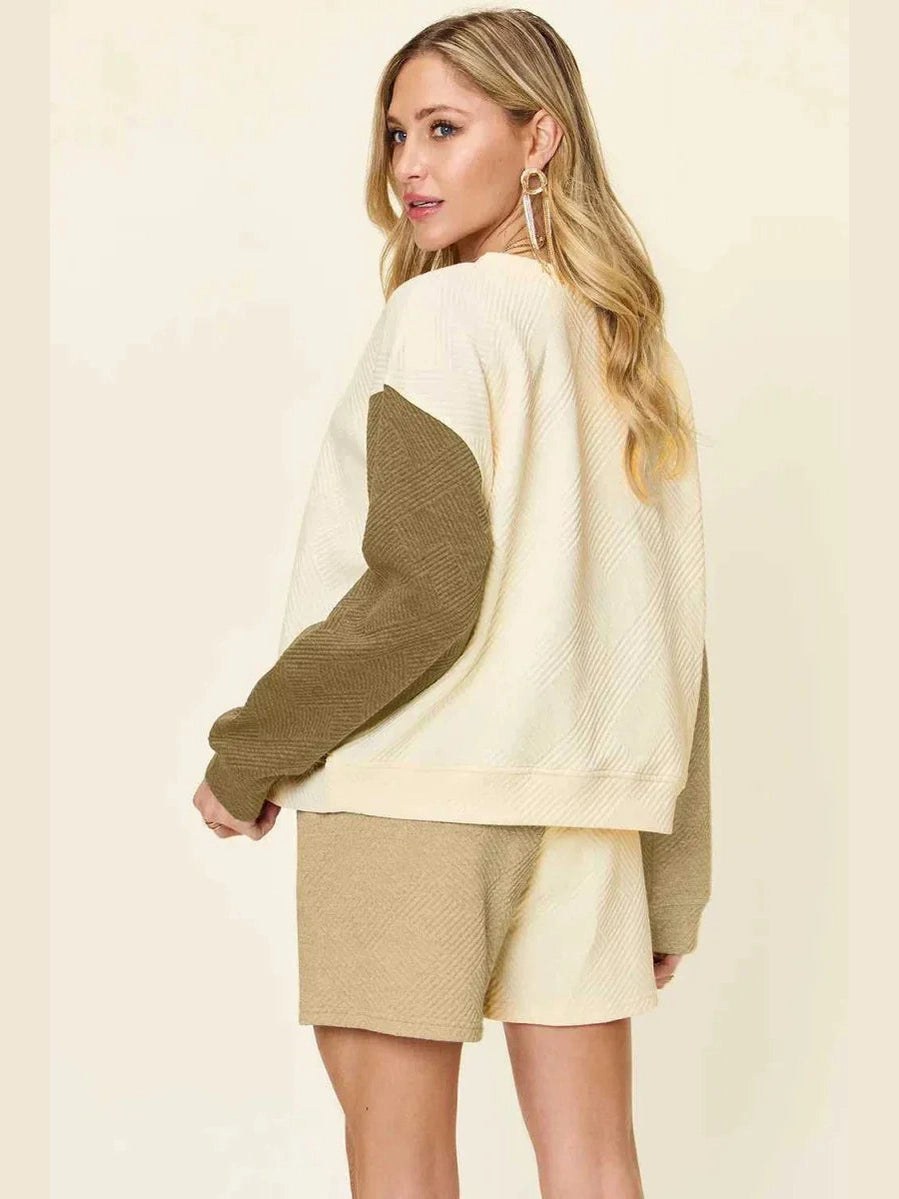 Double Take Full Size Contrast Drop Shoulder Top and Shorts Set -- 