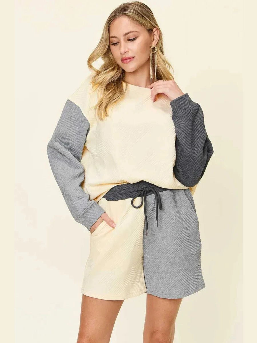 Double Take Full Size Contrast Drop Shoulder Top and Shorts Set -- 