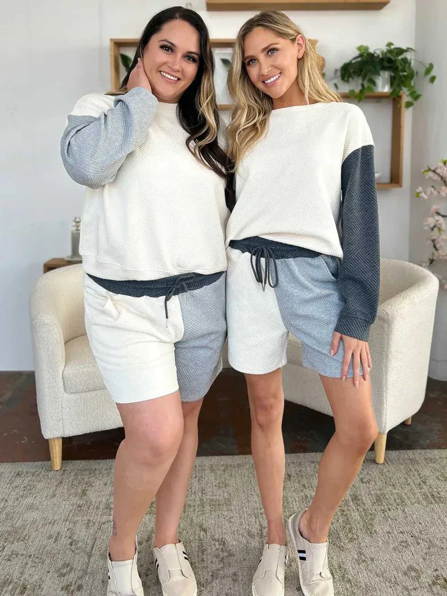 Double Take Full Size Contrast Drop Shoulder Top and Shorts Set -- 