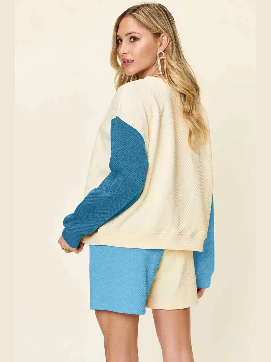 Double Take Full Size Contrast Drop Shoulder Top and Shorts Set -- 