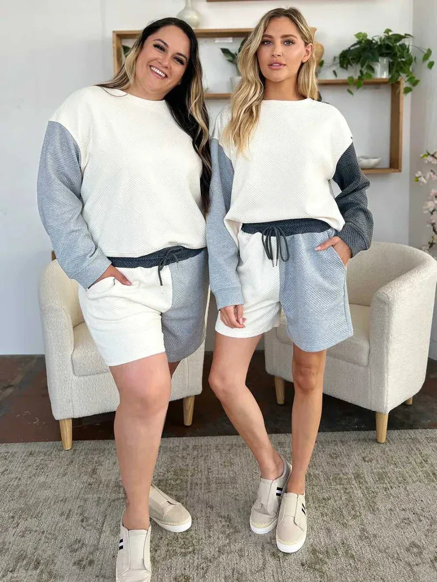 Double Take Full Size Contrast Drop Shoulder Top and Shorts Set -- 