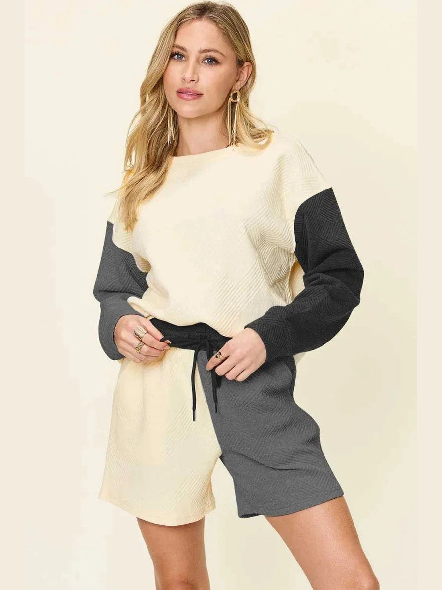 Double Take Full Size Contrast Drop Shoulder Top and Shorts Set -- 