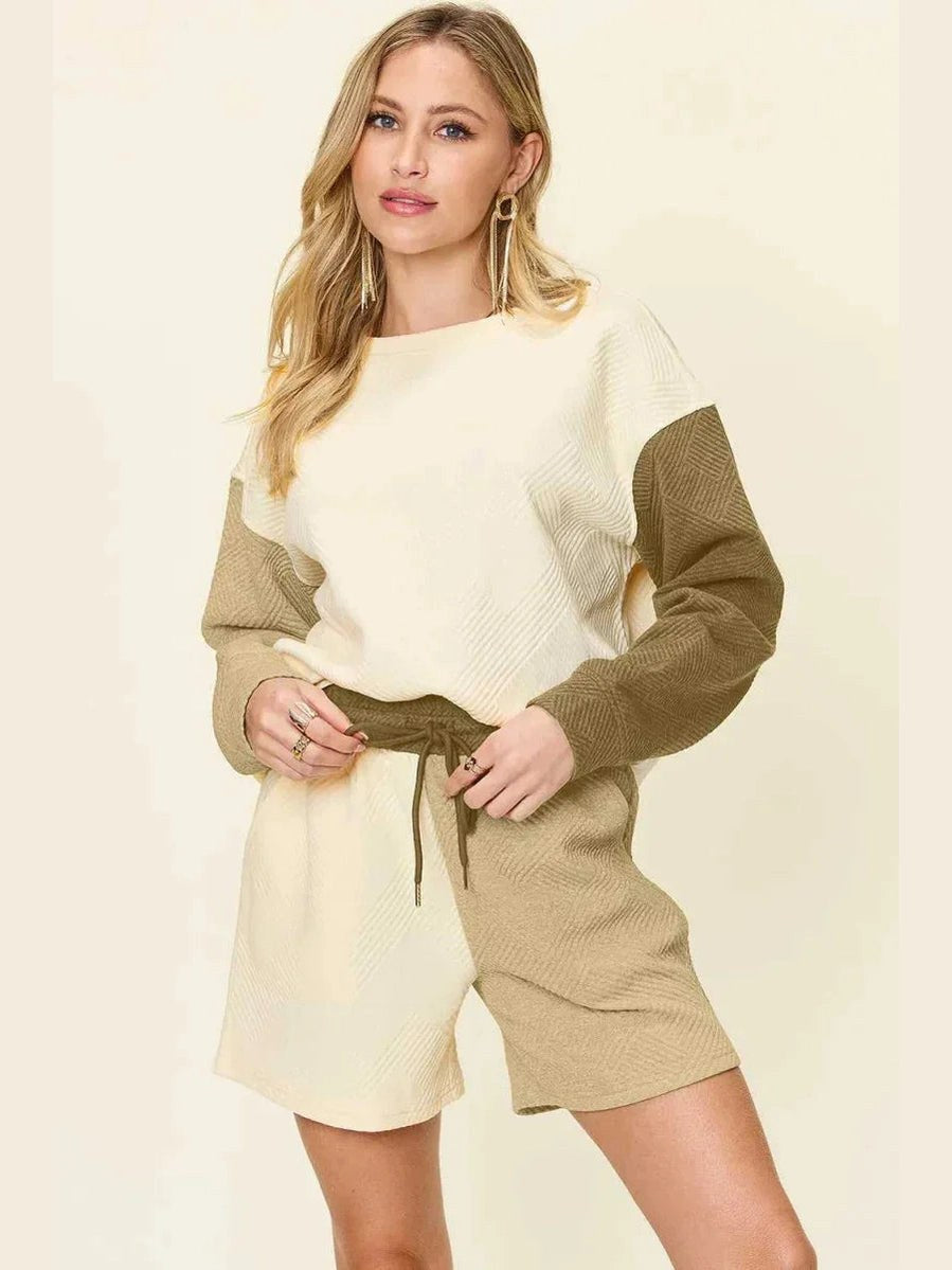 Double Take Full Size Contrast Drop Shoulder Top and Shorts Set -- 