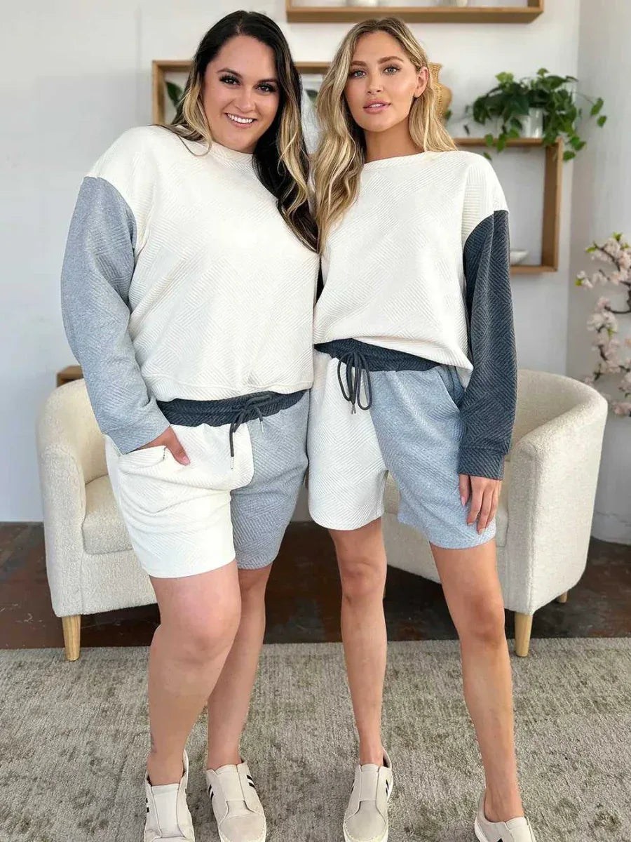 Double Take Full Size Contrast Drop Shoulder Top and Shorts Set -- 