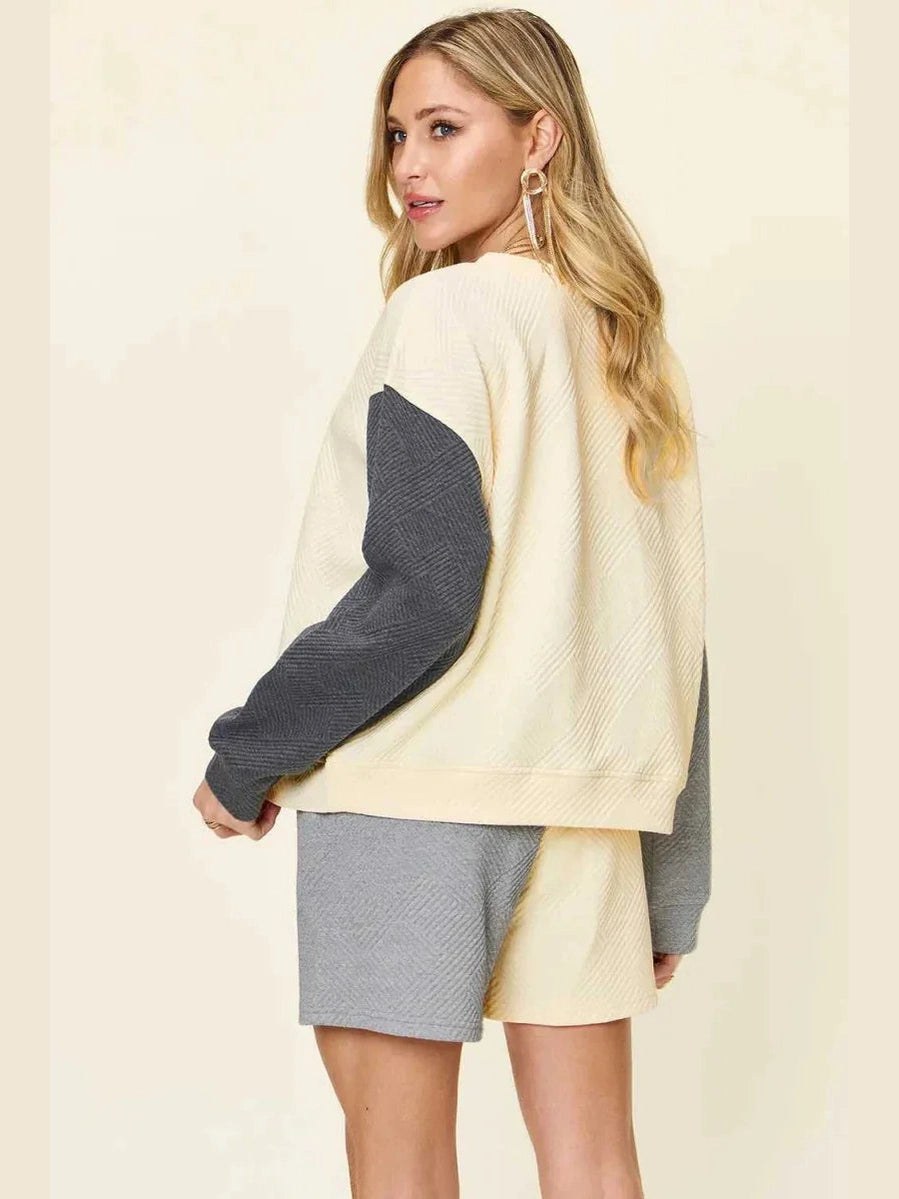 Double Take Full Size Contrast Drop Shoulder Top and Shorts Set -- 