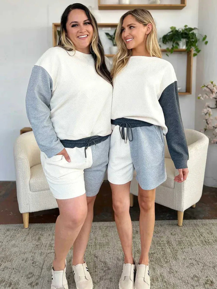 Double Take Full Size Contrast Drop Shoulder Top and Shorts Set -- 