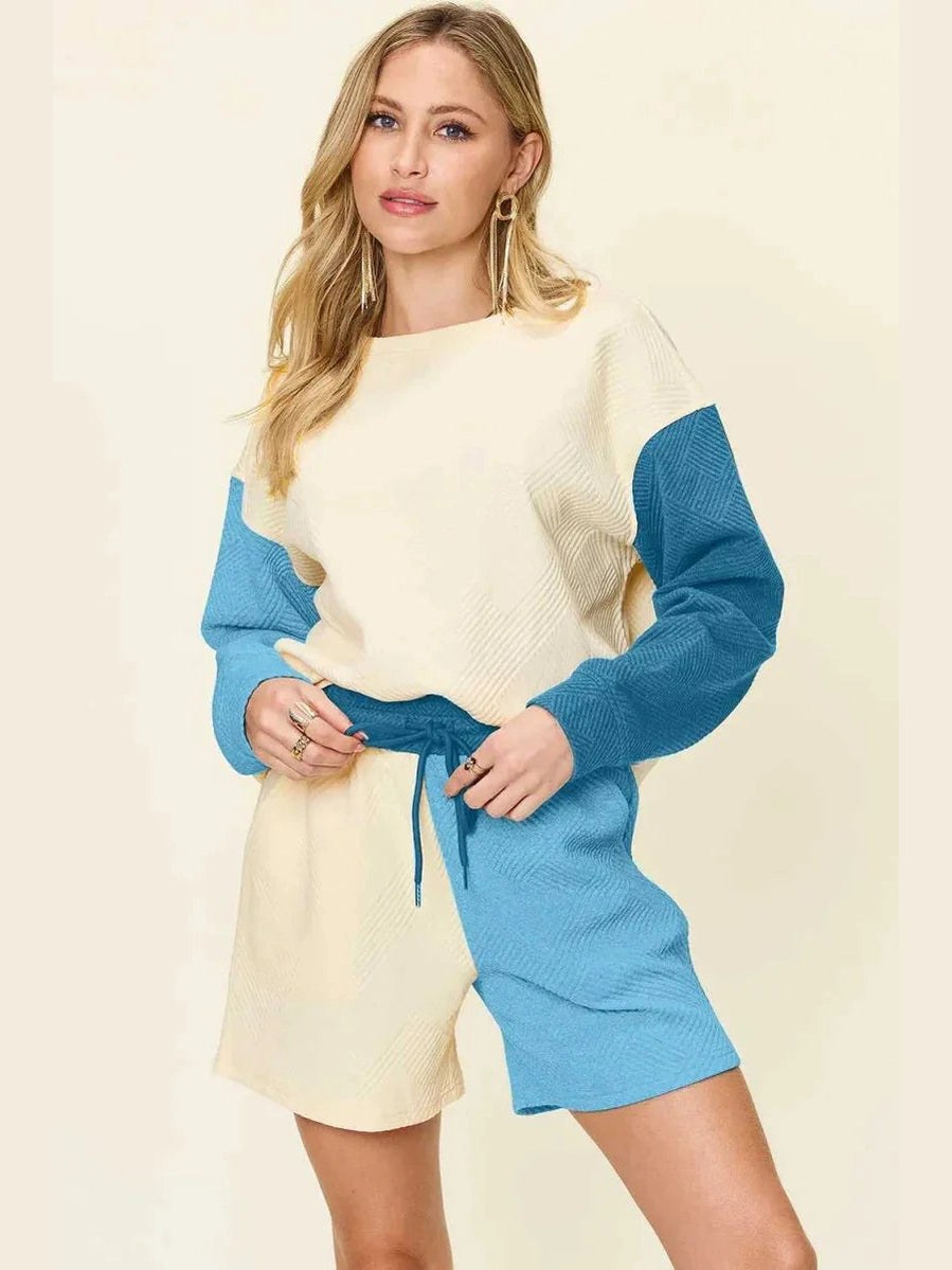 Double Take Full Size Contrast Drop Shoulder Top and Shorts Set -- 