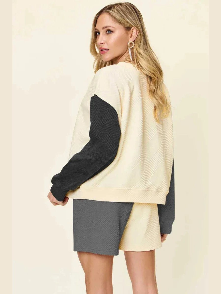Double Take Full Size Contrast Drop Shoulder Top and Shorts Set -- 