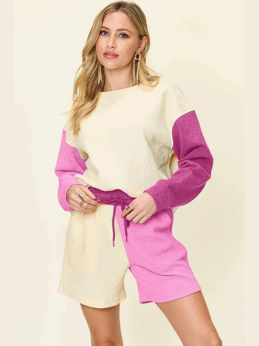 Double Take Full Size Contrast Drop Shoulder Top and Shorts Set -- 