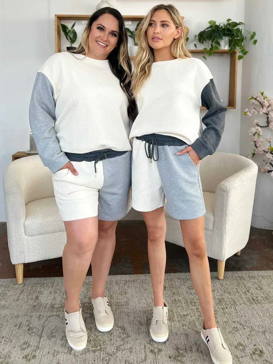 Double Take Full Size Contrast Drop Shoulder Top and Shorts Set -- 