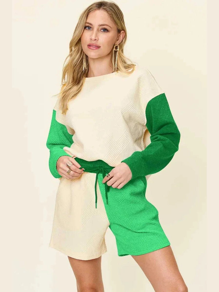 Double Take Full Size Contrast Drop Shoulder Top and Shorts Set -- 