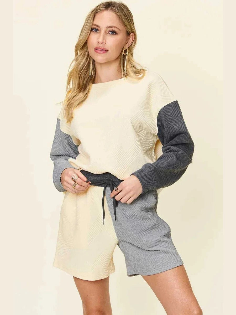 Double Take Full Size Contrast Drop Shoulder Top and Shorts Set -- 