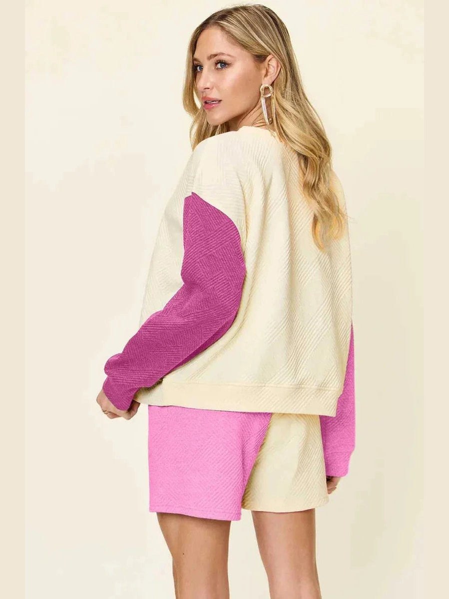 Double Take Full Size Contrast Drop Shoulder Top and Shorts Set -- 
