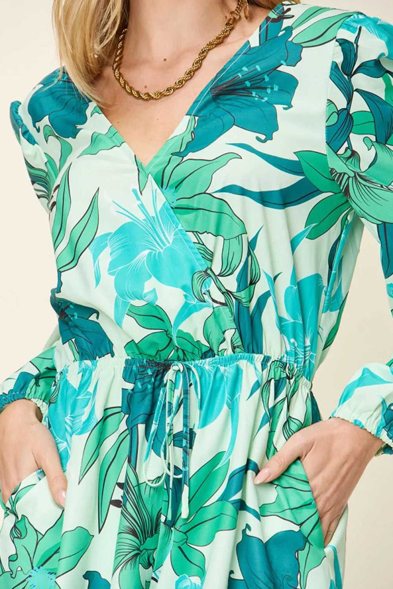 Double Take Full Size Floral Long Sleeve Romper with Pockets - Hopeford Streams