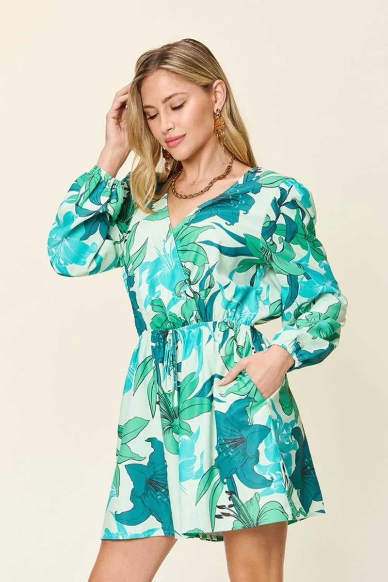 Double Take Full Size Floral Long Sleeve Romper with Pockets - Hopeford Streams