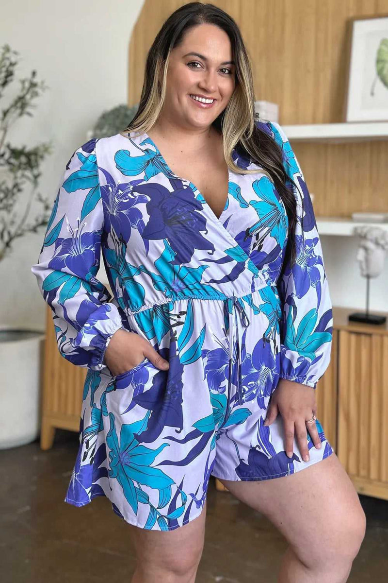 Double Take Full Size Floral Long Sleeve Romper with Pockets - Hopeford Streams