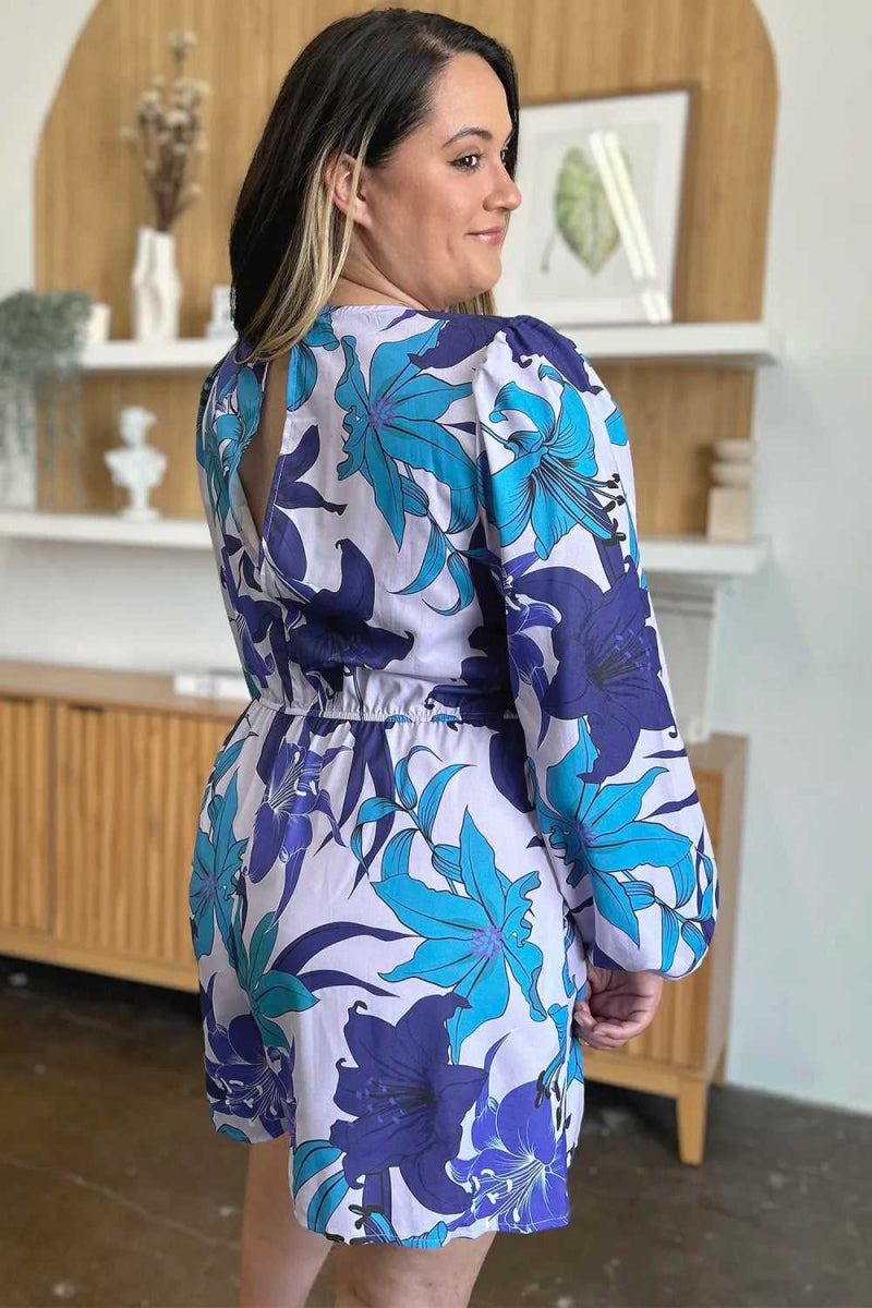 Double Take Full Size Floral Long Sleeve Romper with Pockets - Hopeford Streams