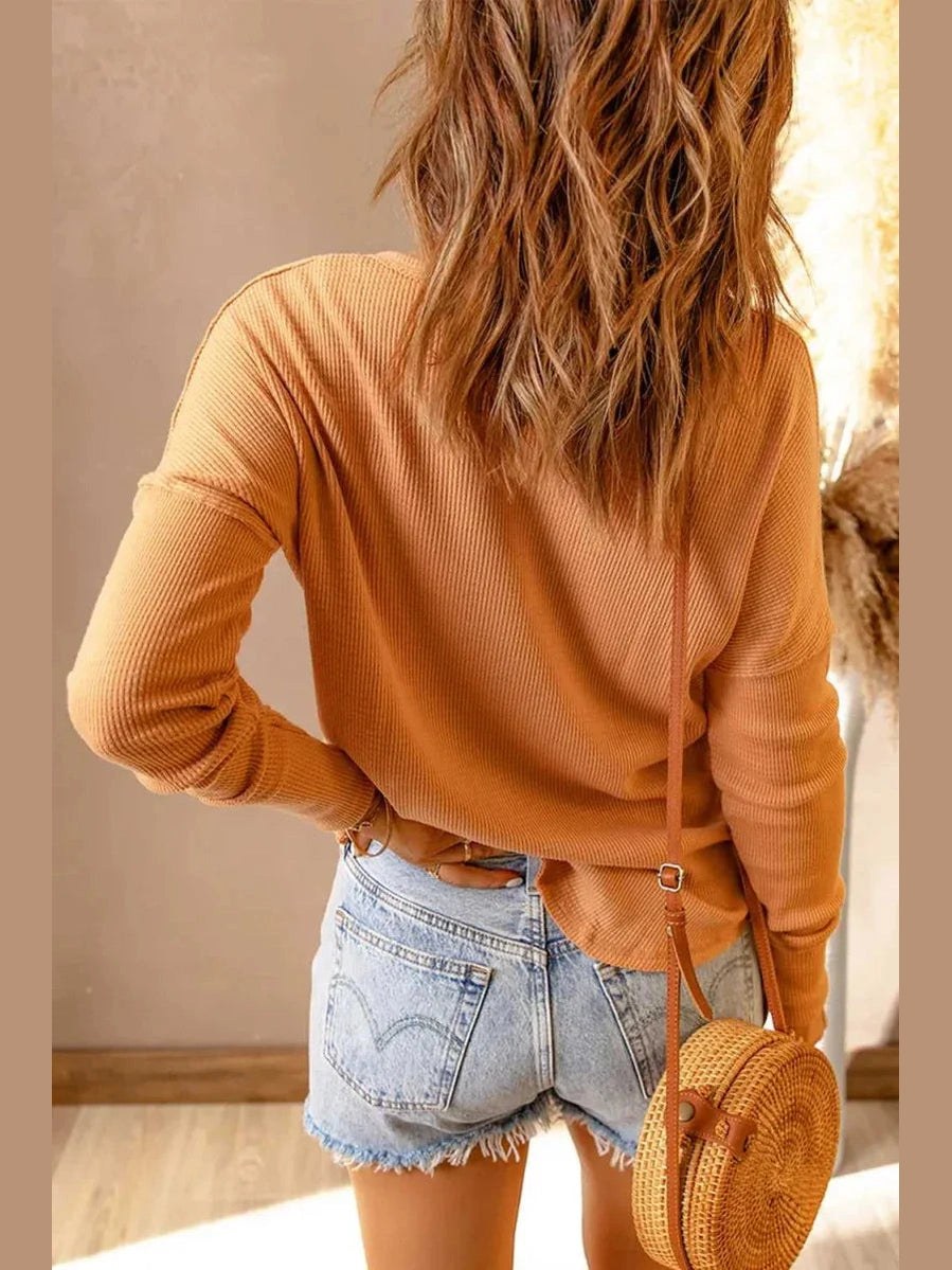 Double Take Full Size Half Button Drop Shoulder T-Shirt -- 