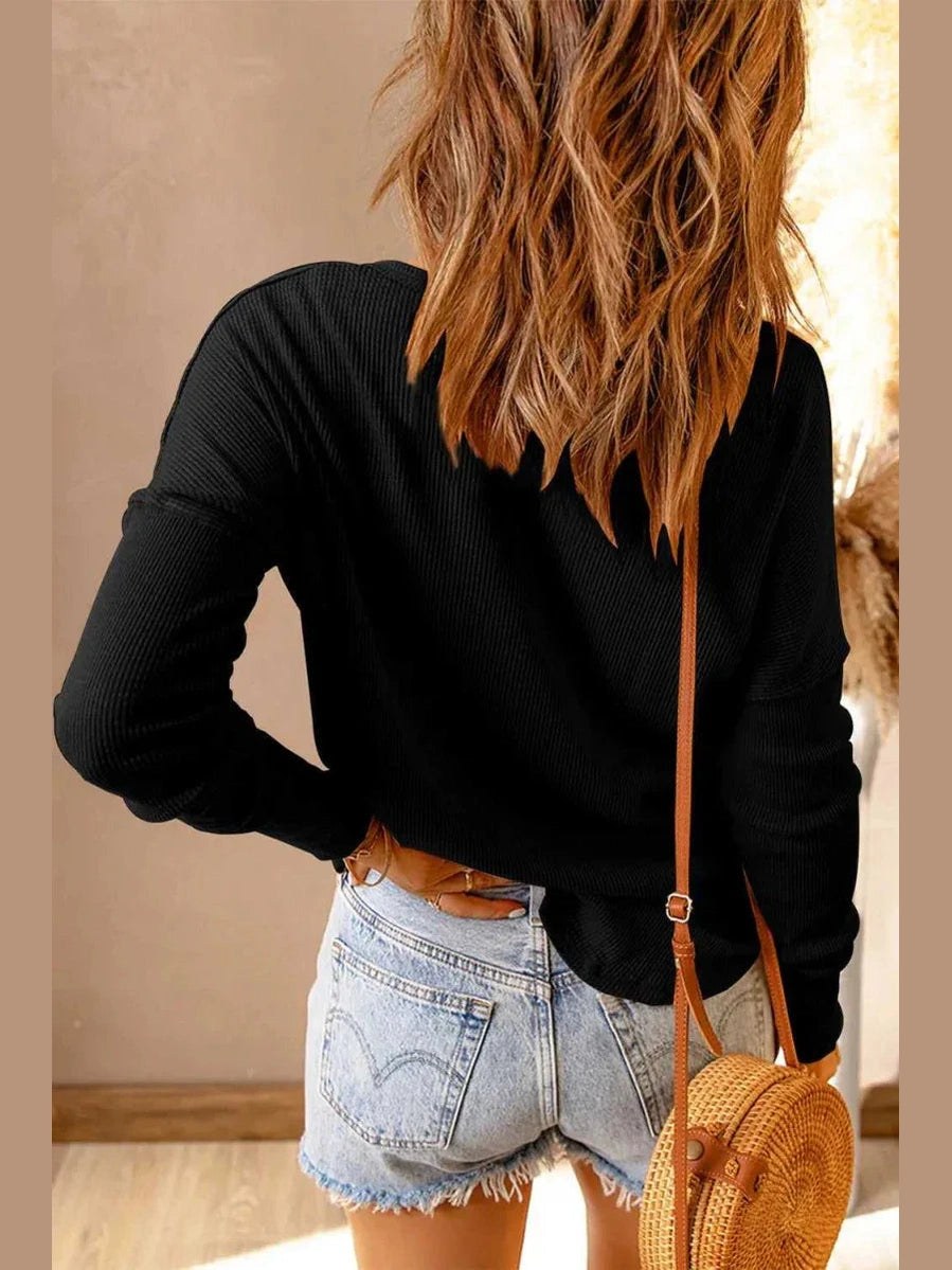 Double Take Full Size Half Button Drop Shoulder T-Shirt -- 