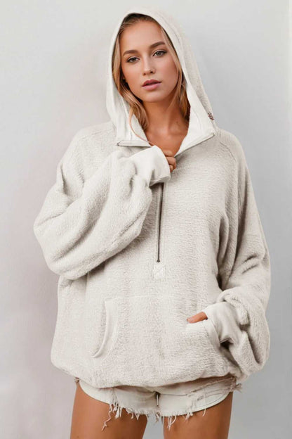 Double Take Full Size Half Zip Long Sleeve Hoodie with Kangaroo Pocket - Hopeford Streams