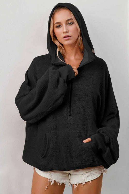 Double Take Full Size Half Zip Long Sleeve Hoodie with Kangaroo Pocket - Hopeford Streams